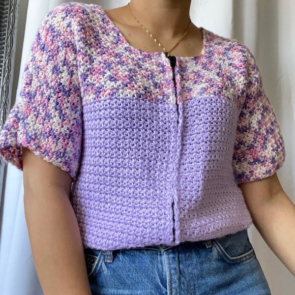 Vintage Hand Knit Short-Sleeve Sweater Top - Picture 2 of 5